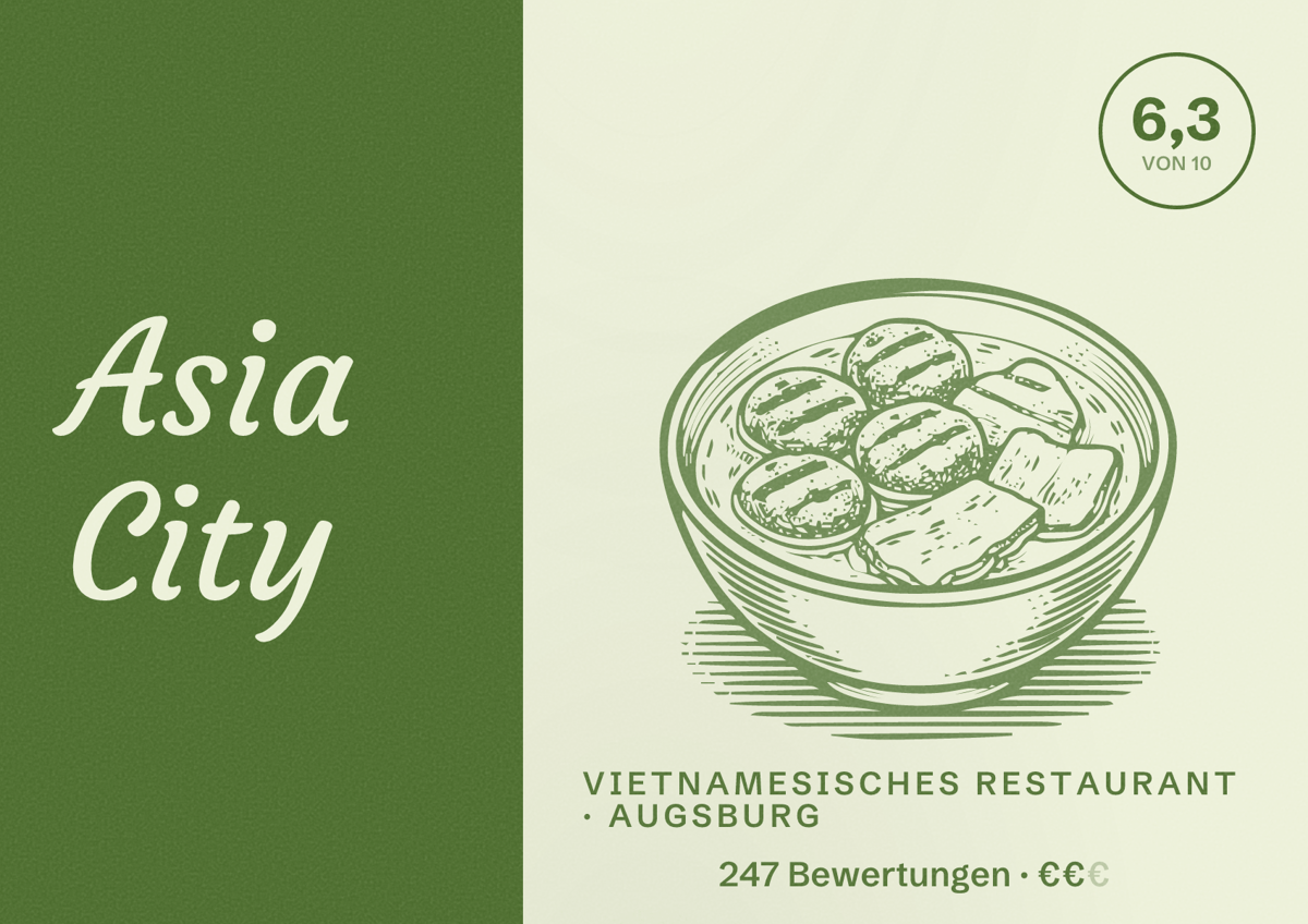 Illustriertes Poster von Asia City, Vietnamesisches Restaurant in Augsburg: Bewertung 6,3 von 10 aus 247 Bewertungen, Preisniveau €€