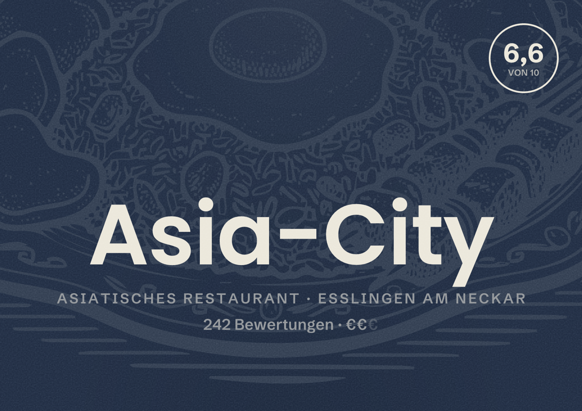 Illustriertes Poster von Asia-City, Asiatisches Restaurant in Esslingen am Neckar: Bewertung 6,6 von 10 aus 242 Bewertungen, Preisniveau €€