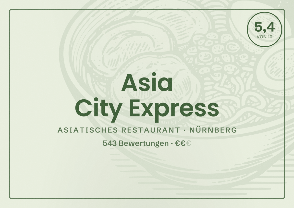 Illustriertes Poster von Asia City Express, Asiatisches Restaurant in Nürnberg: Bewertung 5,4 von 10 aus 543 Bewertungen, Preisniveau €€