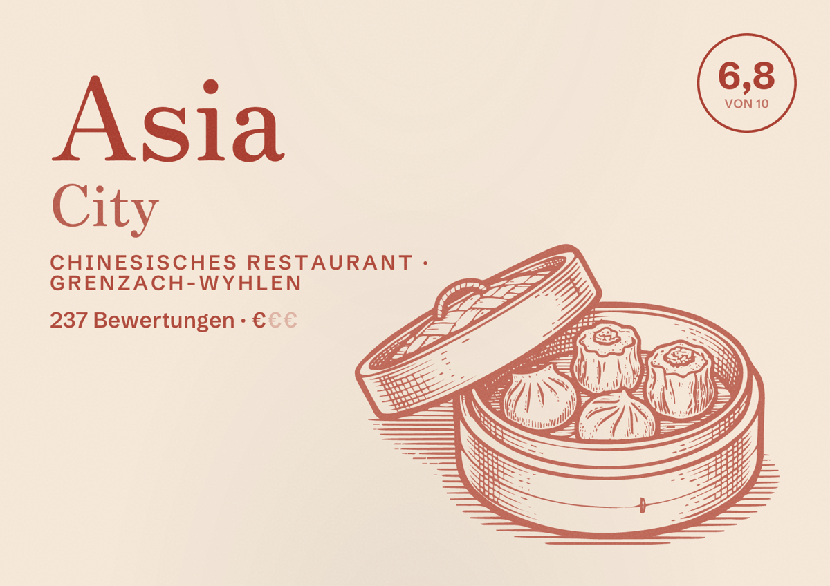 Illustriertes Poster von Asia City, Chinesisches Restaurant in Grenzach-Wyhlen: Bewertung 6,8 von 10 aus 237 Bewertungen, Preisniveau €
