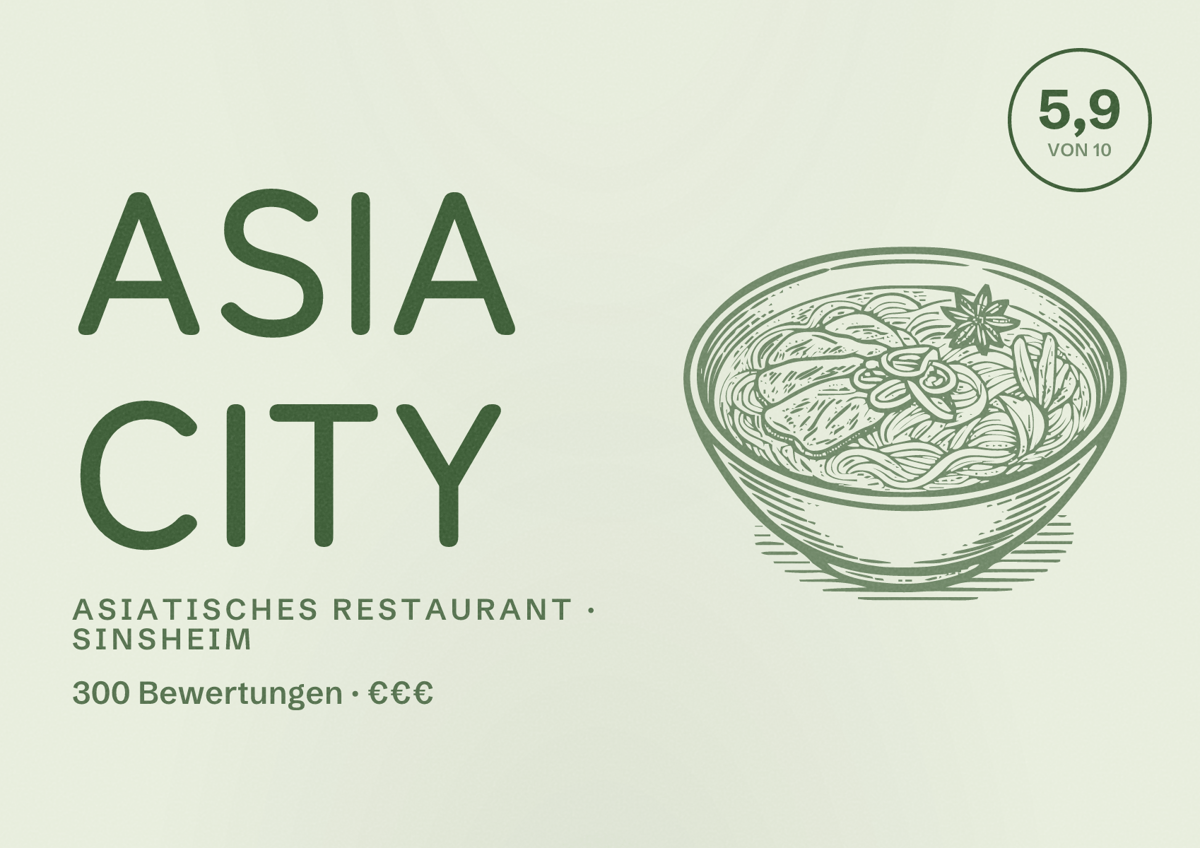 Illustriertes Poster von Asia City, Asiatisches Restaurant in Sinsheim: Bewertung 5,9 von 10 aus 300 Bewertungen, Preisniveau €€€