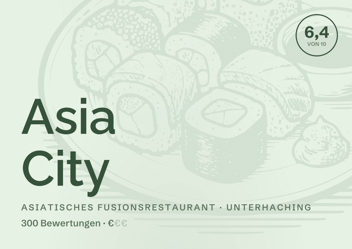 Illustriertes Poster von Asia City, Asiatisches Fusionsrestaurant in Unterhaching: Bewertung 6,4 von 10 aus 300 Bewertungen, Preisniveau €