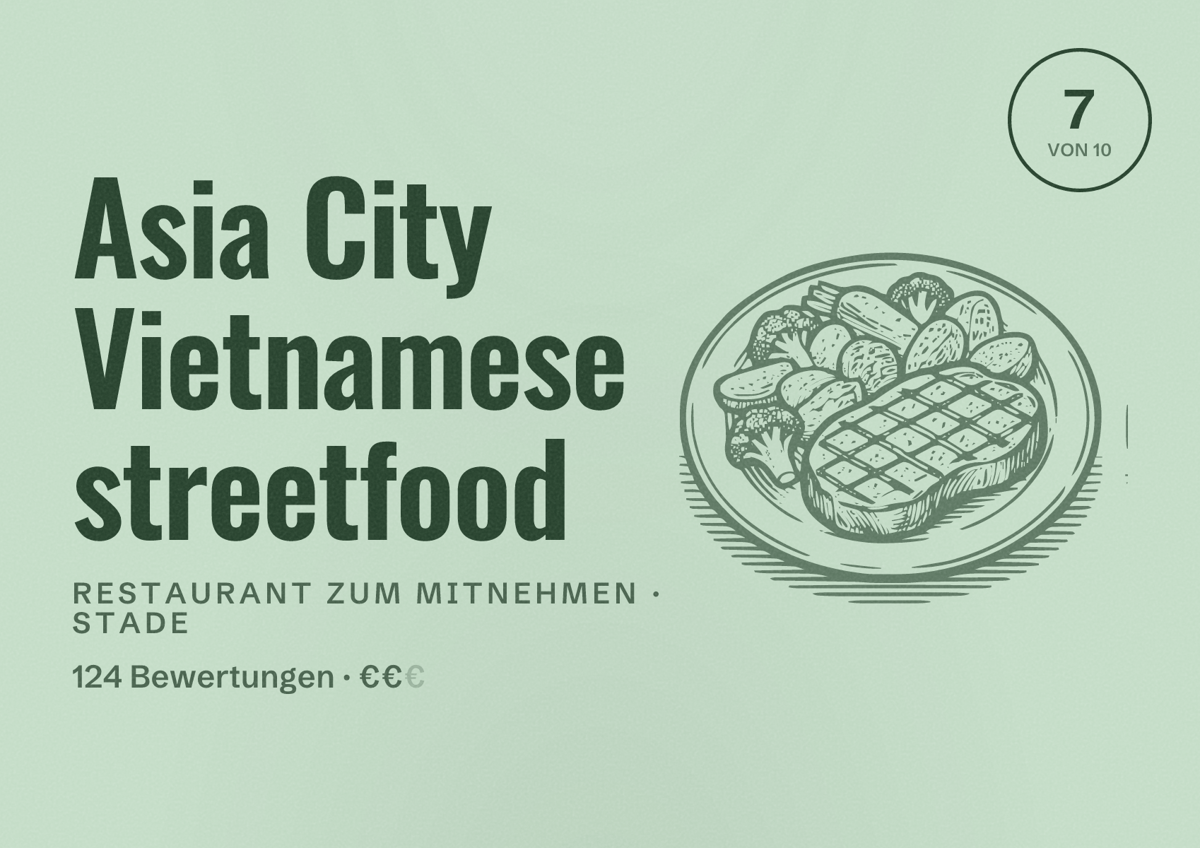 Illustriertes Poster von Asia City Vietnamese streetfood, Restaurant zum Mitnehmen in Stade: Bewertung 7 von 10 aus 124 Bewertungen, Preisniveau €€