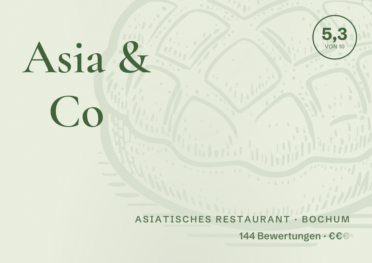 Illustriertes Poster von Asia & Co, Asiatisches Restaurant in Bochum: Bewertung 5,3 von 10 aus 144 Bewertungen, Preisniveau €€