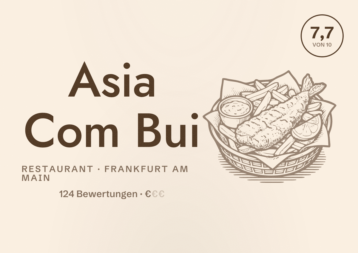 Illustriertes Poster von Asia Com Bui, Restaurant in Frankfurt am Main: Bewertung 7,7 von 10 aus 124 Bewertungen, Preisniveau €
