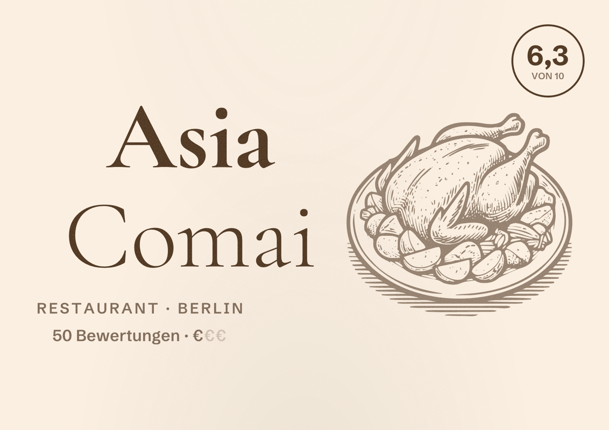 Illustriertes Poster von Asia Comai, Restaurant in Berlin: Bewertung 6,3 von 10 aus 50 Bewertungen, Preisniveau €