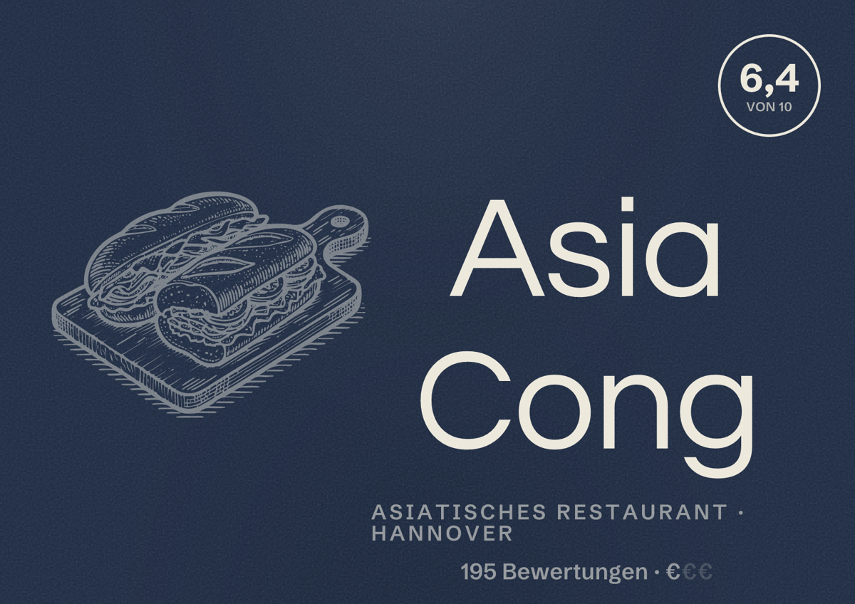 Illustriertes Poster von Asia Cong, Asiatisches Restaurant in Hannover: Bewertung 6,4 von 10 aus 195 Bewertungen, Preisniveau €