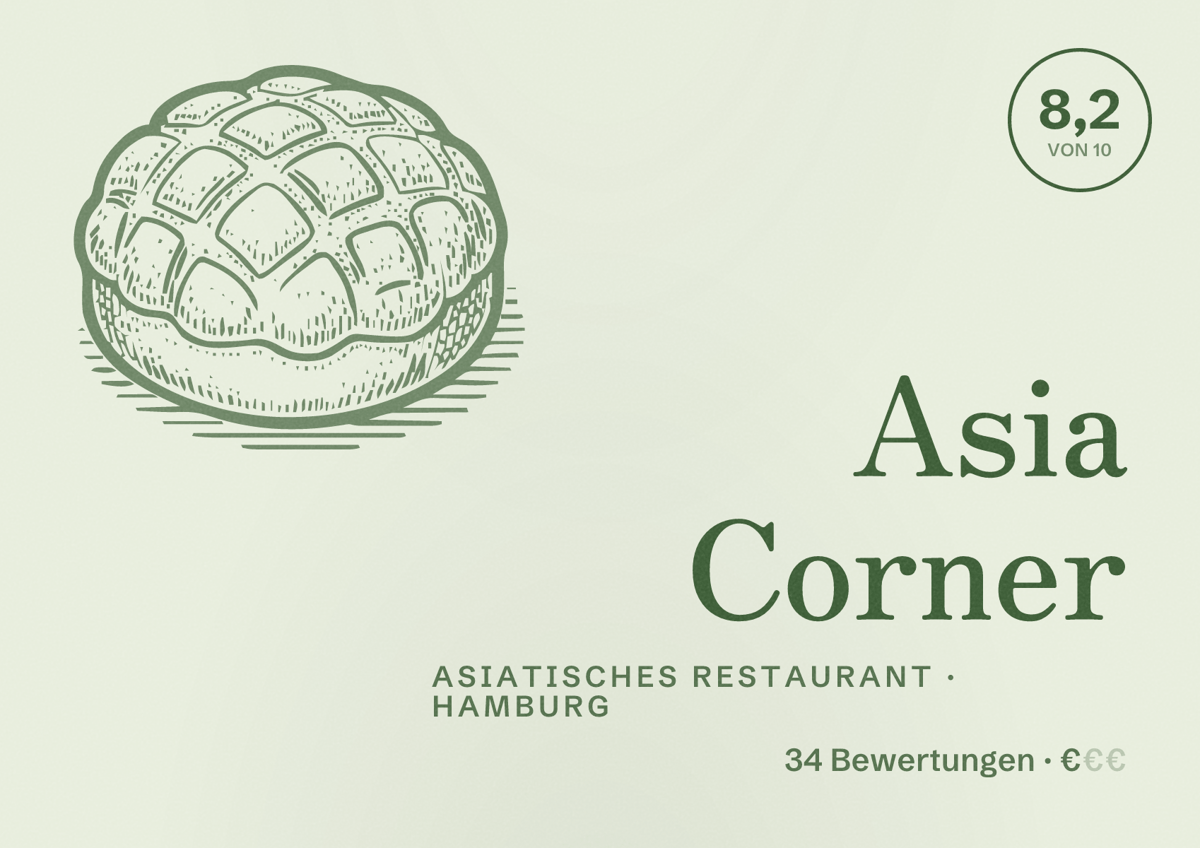 Illustriertes Poster von Asia Corner, Asiatisches Restaurant in Hamburg: Bewertung 8,2 von 10 aus 34 Bewertungen, Preisniveau €