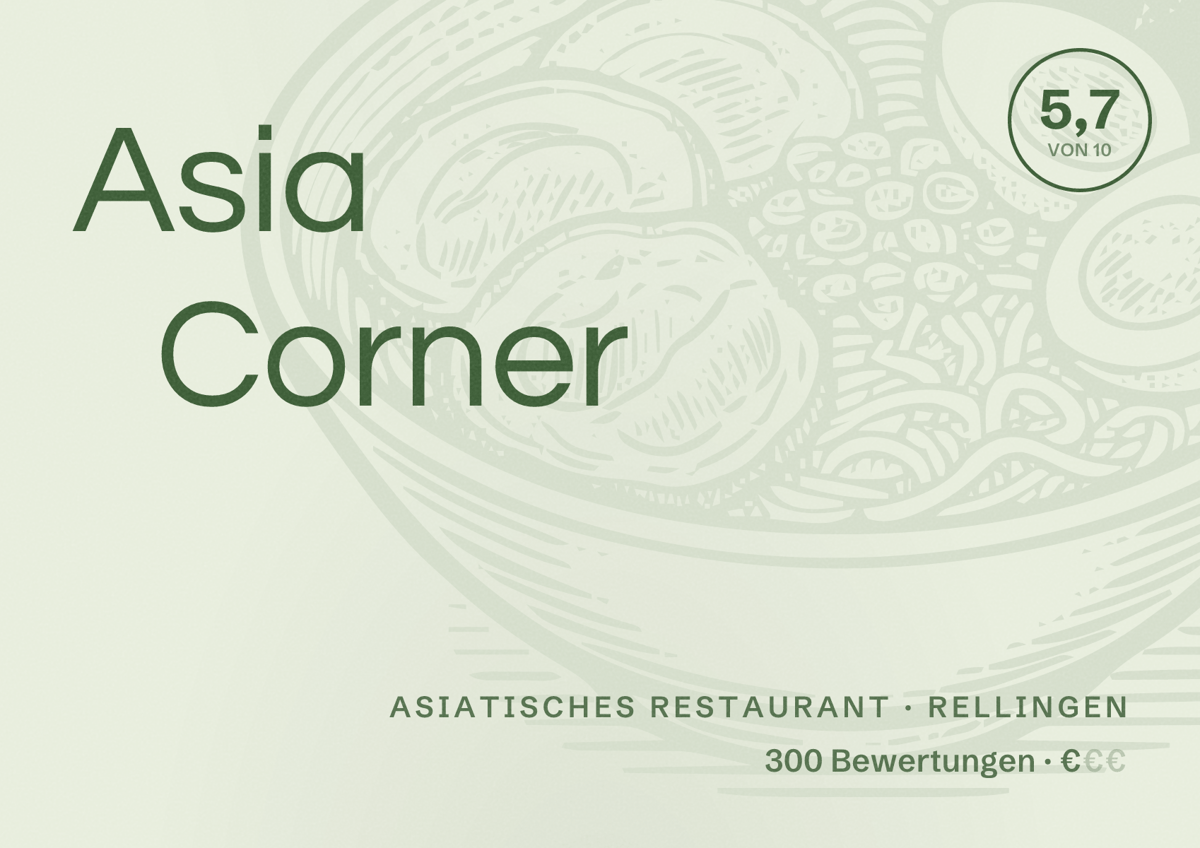 Illustriertes Poster von Asia Corner, Asiatisches Restaurant in Rellingen: Bewertung 5,7 von 10 aus 300 Bewertungen, Preisniveau €