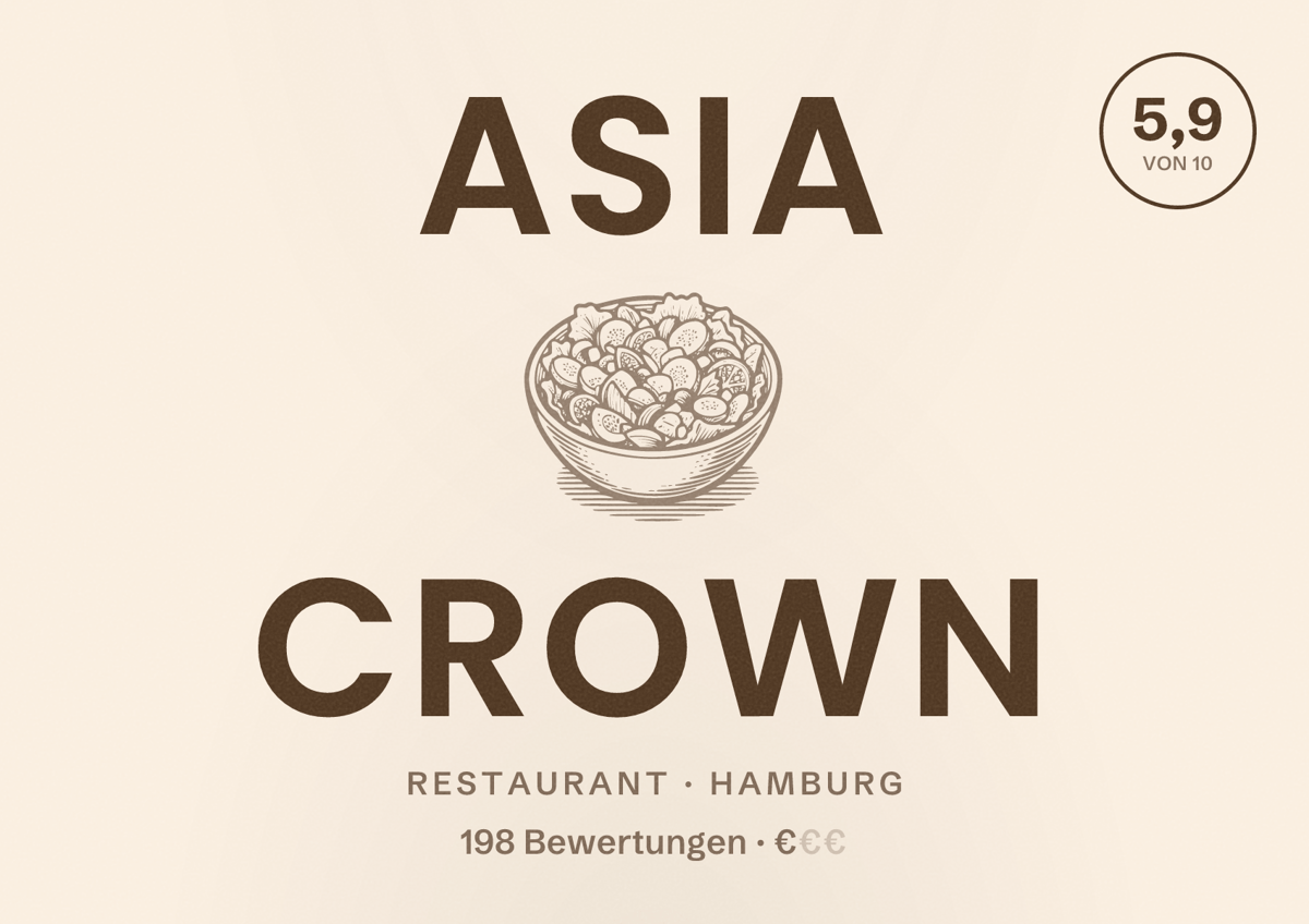 Illustriertes Poster von Asia Crown, Restaurant in Hamburg: Bewertung 5,9 von 10 aus 198 Bewertungen, Preisniveau €