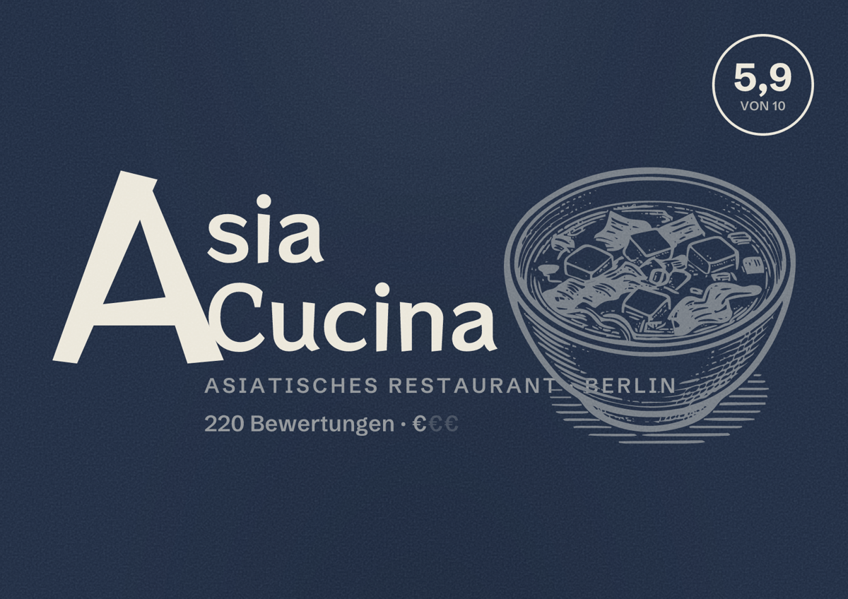 Illustriertes Poster von Asia Cucina, Asiatisches Restaurant in Berlin: Bewertung 5,9 von 10 aus 220 Bewertungen, Preisniveau €