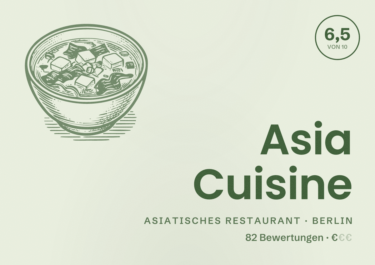 Illustriertes Poster von Asia Cuisine, Asiatisches Restaurant in Berlin: Bewertung 6,5 von 10 aus 82 Bewertungen, Preisniveau €