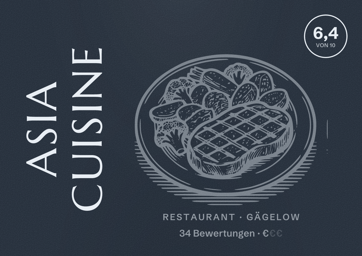Illustriertes Poster von Asia cuisine, Restaurant in Gägelow: Bewertung 6,4 von 10 aus 34 Bewertungen, Preisniveau €