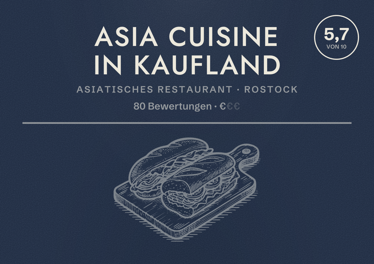 Illustriertes Poster von Asia Cuisine In Kaufland, Asiatisches Restaurant in Rostock: Bewertung 5,7 von 10 aus 80 Bewertungen, Preisniveau €