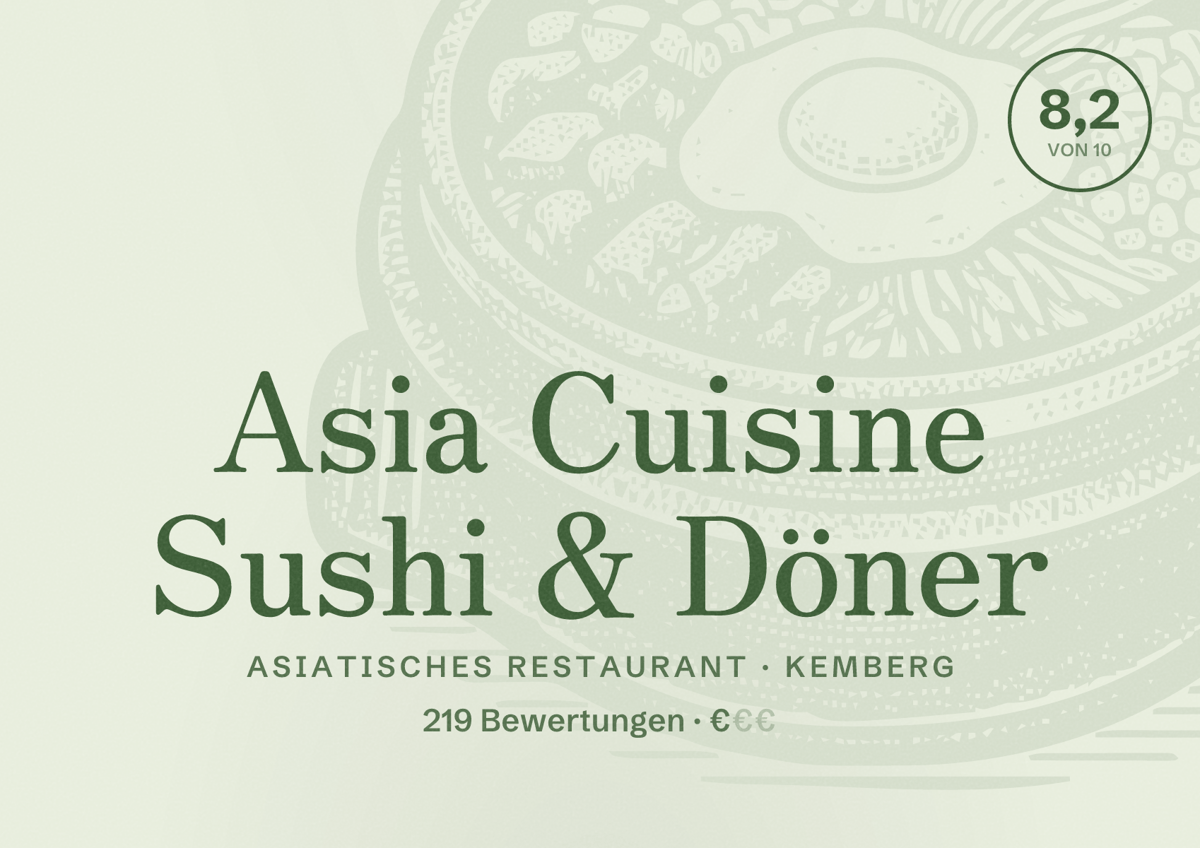 Illustriertes Poster von Asia Cuisine Sushi & Döner, Asiatisches Restaurant in Kemberg: Bewertung 8,2 von 10 aus 219 Bewertungen, Preisniveau €
