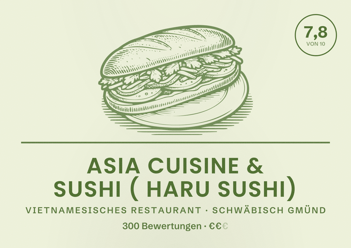Illustriertes Poster von Asia Cuisine & Sushi ( Haru Sushi), Vietnamesisches Restaurant in Schwäbisch Gmünd: Bewertung 7,8 von 10 aus 300 Bewertungen, Preisniveau €€