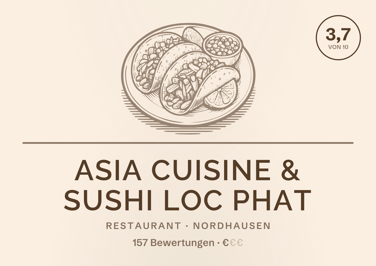 Illustriertes Poster von Asia Cuisine & Sushi Loc Phat, Restaurant in Nordhausen: Bewertung 3,7 von 10 aus 157 Bewertungen, Preisniveau €