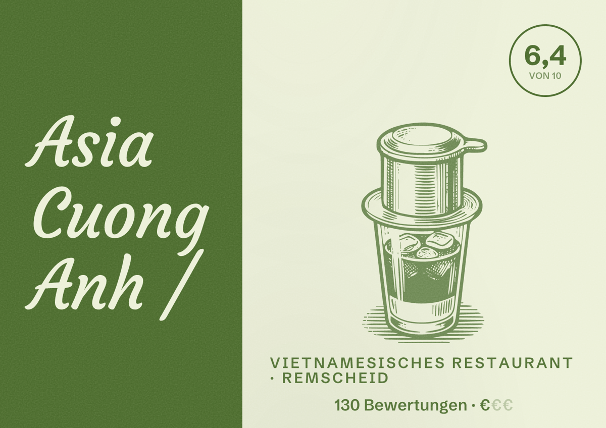 Illustriertes Poster von Asia Cuong Anh /, Vietnamesisches Restaurant in Remscheid: Bewertung 6,4 von 10 aus 130 Bewertungen, Preisniveau €