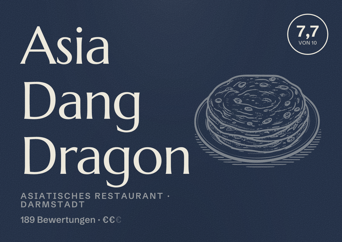 Illustriertes Poster von Asia Dang Dragon, Asiatisches Restaurant in Darmstadt: Bewertung 7,7 von 10 aus 189 Bewertungen, Preisniveau €€