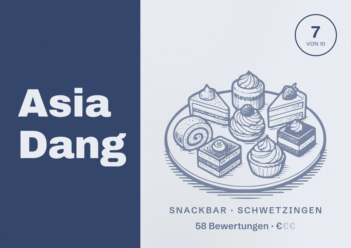 Illustriertes Poster von Asia Dang, Snackbar in Schwetzingen: Bewertung 7 von 10 aus 58 Bewertungen, Preisniveau €
