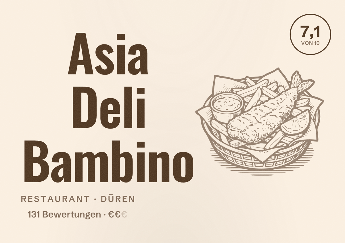 Illustriertes Poster von Asia Deli Bambino, Restaurant in Düren: Bewertung 7,1 von 10 aus 131 Bewertungen, Preisniveau €€