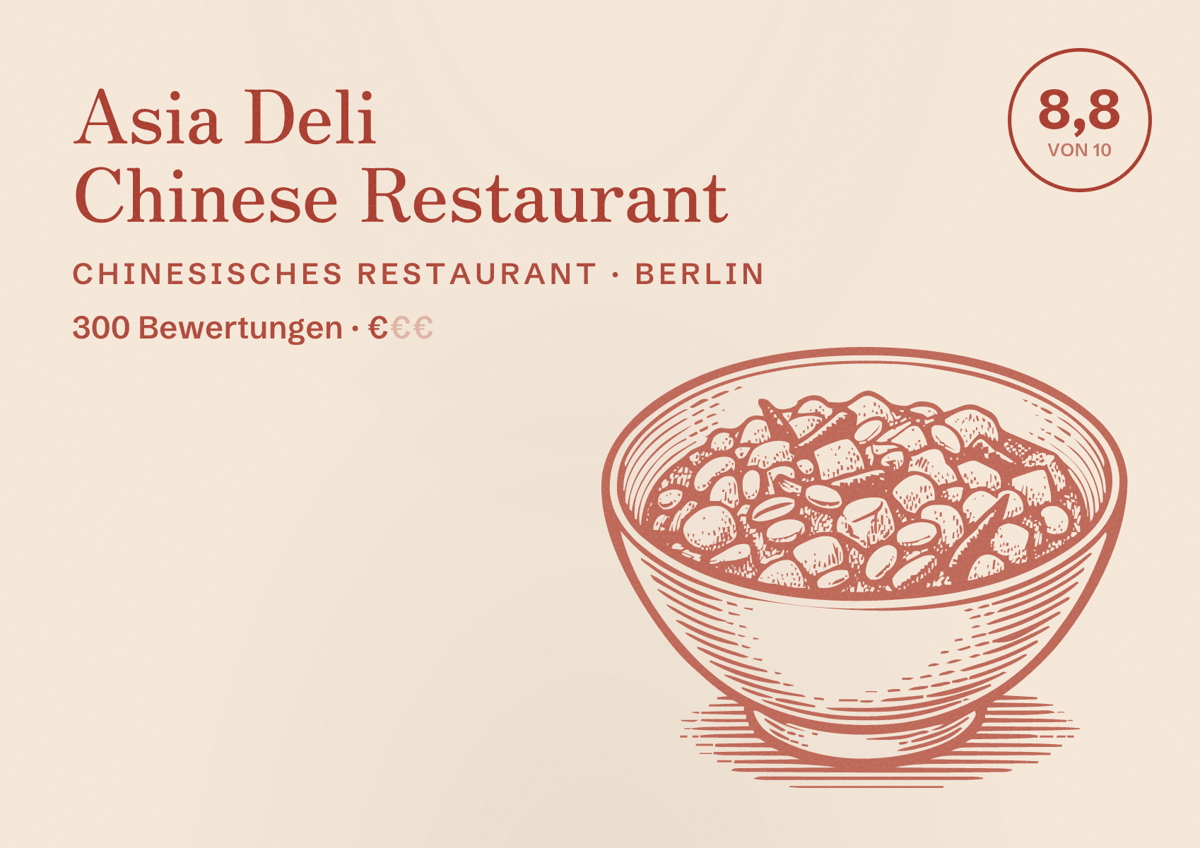Illustriertes Poster von Asia Deli Chinese Restaurant, Chinesisches Restaurant in Berlin: Bewertung 8,8 von 10 aus 300 Bewertungen, Preisniveau €