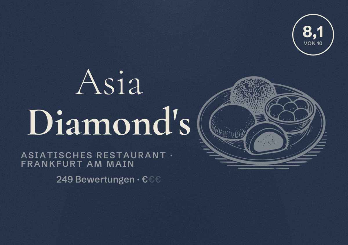 Illustriertes Poster von Asia Diamond's, Asiatisches Restaurant in Frankfurt am Main: Bewertung 8,1 von 10 aus 249 Bewertungen, Preisniveau €