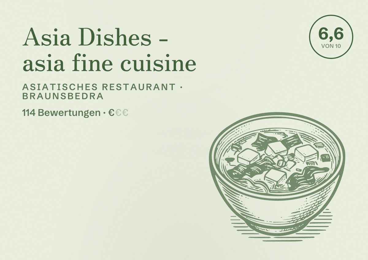 Illustriertes Poster von Asia Dishes - asia fine cuisine, Asiatisches Restaurant in Braunsbedra: Bewertung 6,6 von 10 aus 114 Bewertungen, Preisniveau €