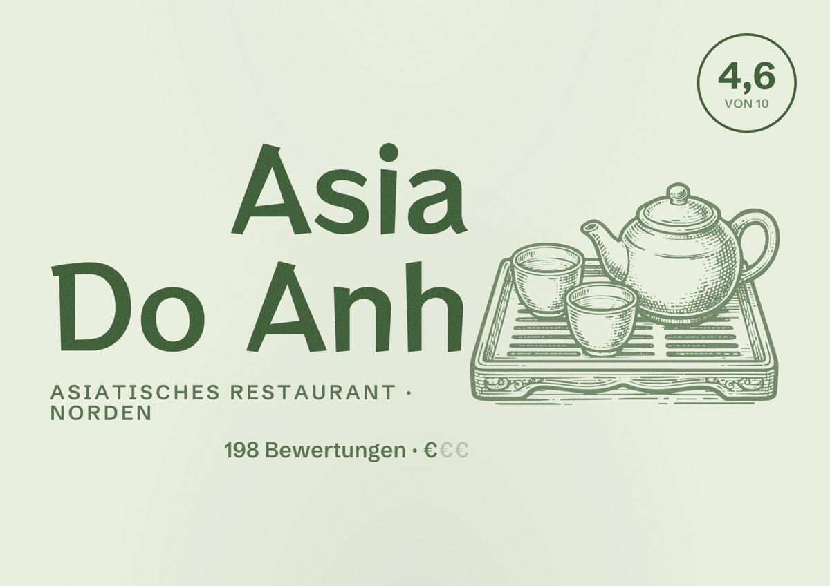 Illustriertes Poster von Asia Do Anh, Asiatisches Restaurant in Norden: Bewertung 4,6 von 10 aus 198 Bewertungen, Preisniveau €