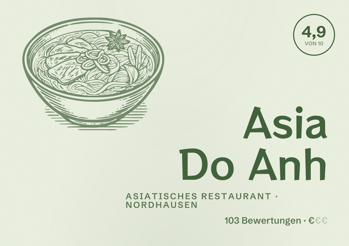 Illustriertes Poster von Asia Do Anh, Asiatisches Restaurant in Nordhausen: Bewertung 4,9 von 10 aus 103 Bewertungen, Preisniveau €