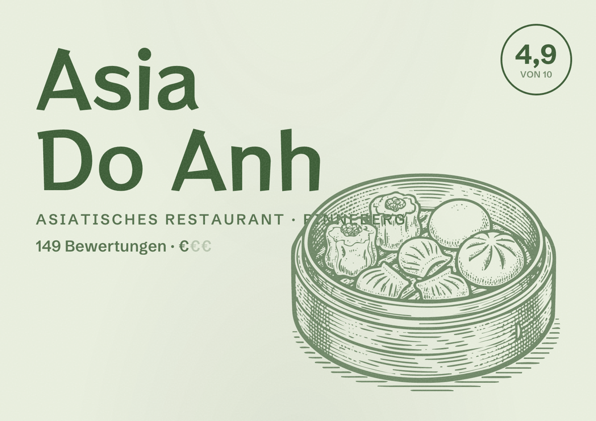 Illustriertes Poster von Asia Do Anh, Asiatisches Restaurant in Pinneberg: Bewertung 4,9 von 10 aus 149 Bewertungen, Preisniveau €