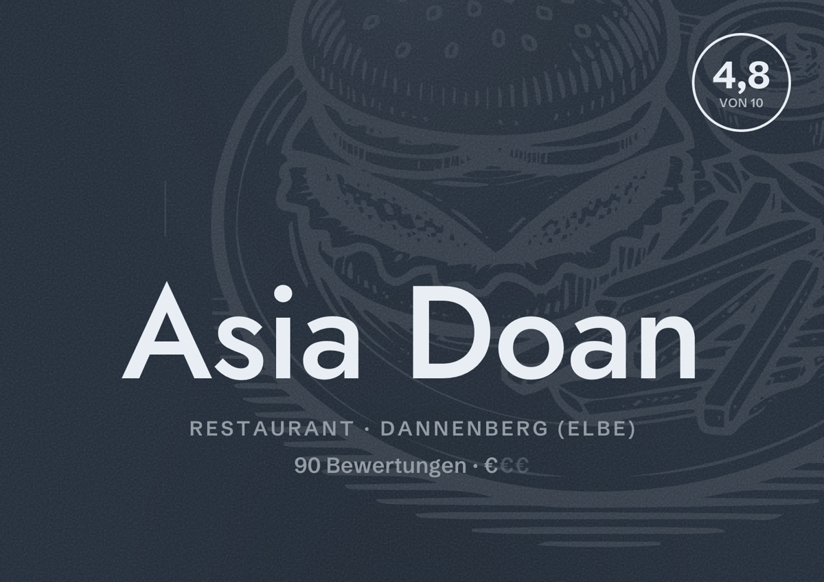 Illustriertes Poster von Asia Doan, Restaurant in Dannenberg (Elbe): Bewertung 4,8 von 10 aus 90 Bewertungen, Preisniveau €