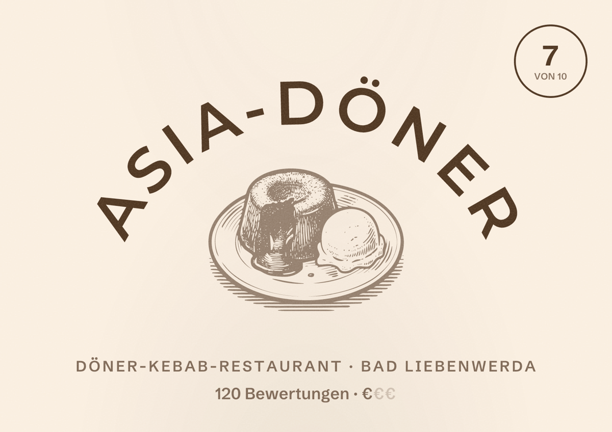 Illustriertes Poster von Asia-Döner, Döner-Kebab-Restaurant in Bad Liebenwerda: Bewertung 7 von 10 aus 120 Bewertungen, Preisniveau €