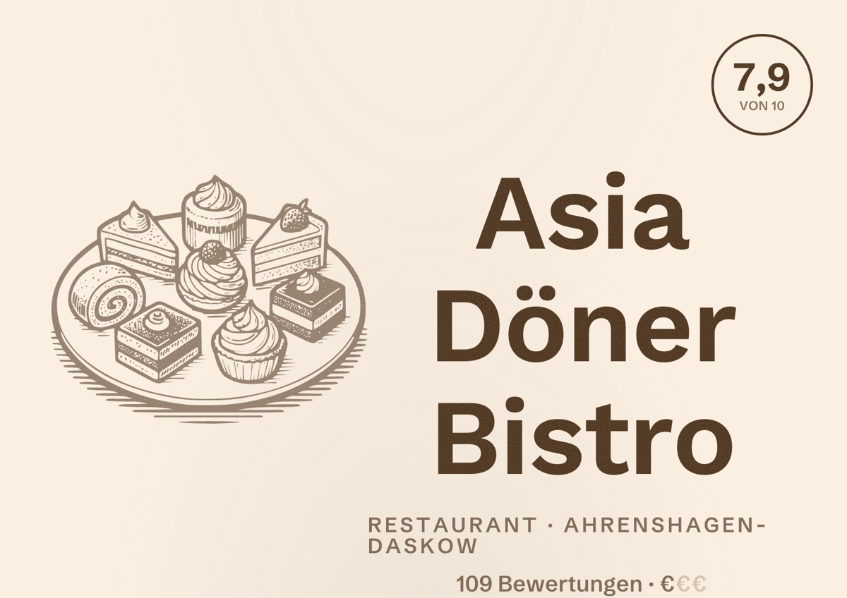 Illustriertes Poster von Asia Döner Bistro, Restaurant in Ahrenshagen-Daskow: Bewertung 7,9 von 10 aus 109 Bewertungen, Preisniveau €