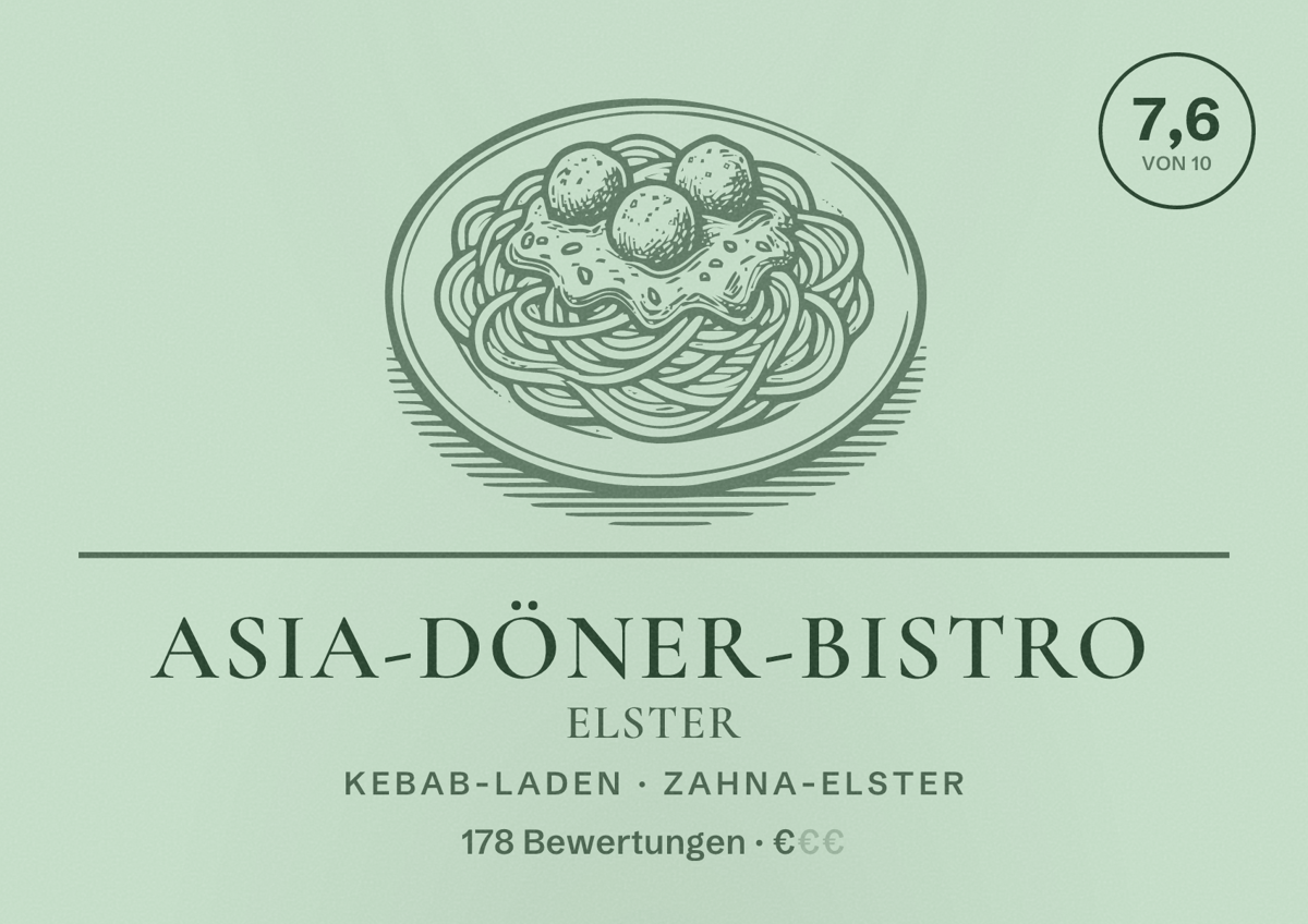 Illustriertes Poster von Asia-Döner-Bistro Elster, Kebab-Laden in Zahna-Elster: Bewertung 7,6 von 10 aus 178 Bewertungen, Preisniveau €