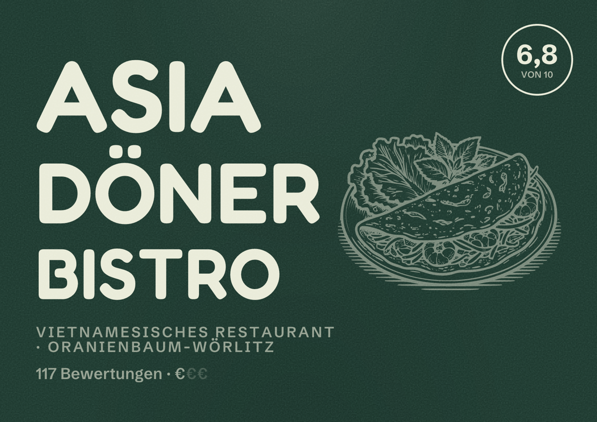 Illustriertes Poster von Asia Döner Bistro, Vietnamesisches Restaurant in Oranienbaum-Wörlitz: Bewertung 6,8 von 10 aus 117 Bewertungen, Preisniveau €