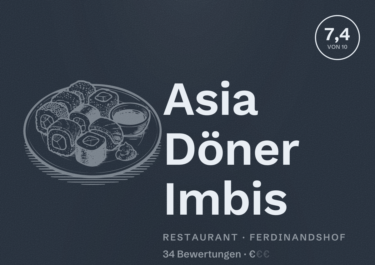 Illustriertes Poster von Asia Döner Imbis, Restaurant in Ferdinandshof: Bewertung 7,4 von 10 aus 34 Bewertungen, Preisniveau €