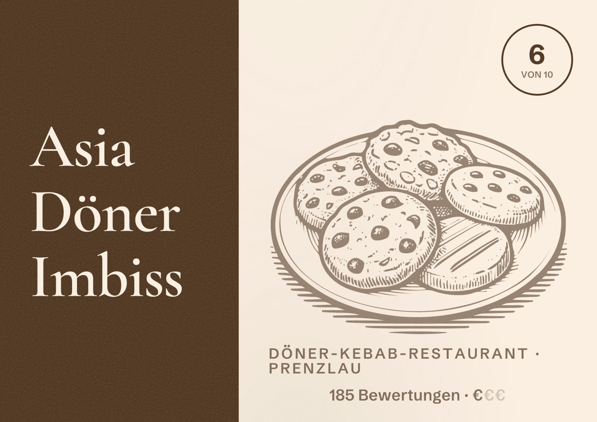 Illustriertes Poster von Asia Döner Imbiss, Döner-Kebab-Restaurant in Prenzlau: Bewertung 6 von 10 aus 185 Bewertungen, Preisniveau €