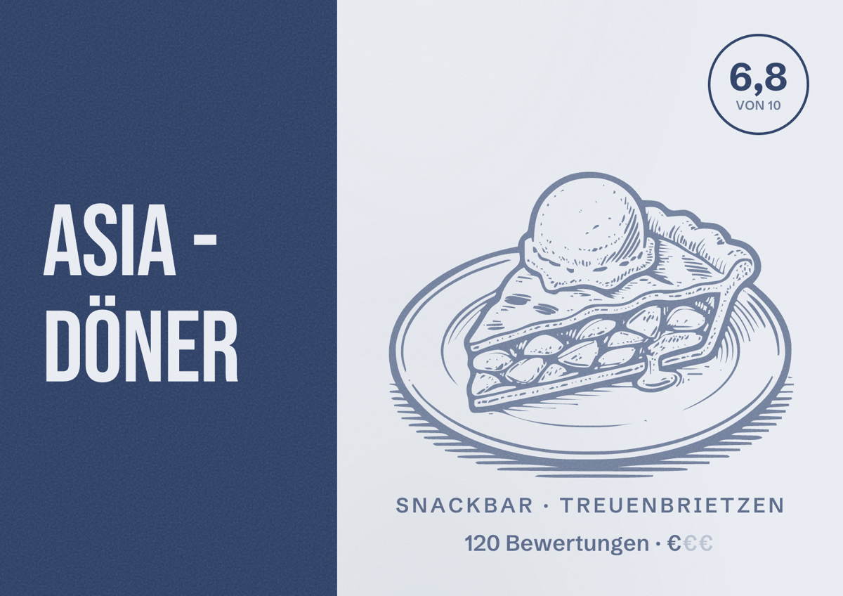 Illustriertes Poster von Asia - Döner, Snackbar in Treuenbrietzen: Bewertung 6,8 von 10 aus 120 Bewertungen, Preisniveau €