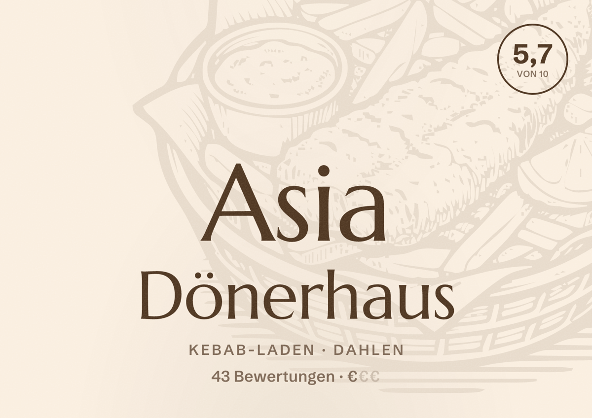 Illustriertes Poster von Asia Dönerhaus, Kebab-Laden in Dahlen: Bewertung 5,7 von 10 aus 43 Bewertungen, Preisniveau €