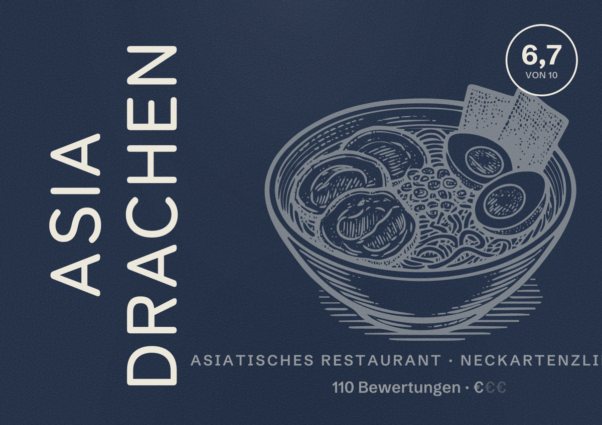 Illustriertes Poster von Asia Drachen, Asiatisches Restaurant in Neckartenzlingen: Bewertung 6,7 von 10 aus 110 Bewertungen, Preisniveau €