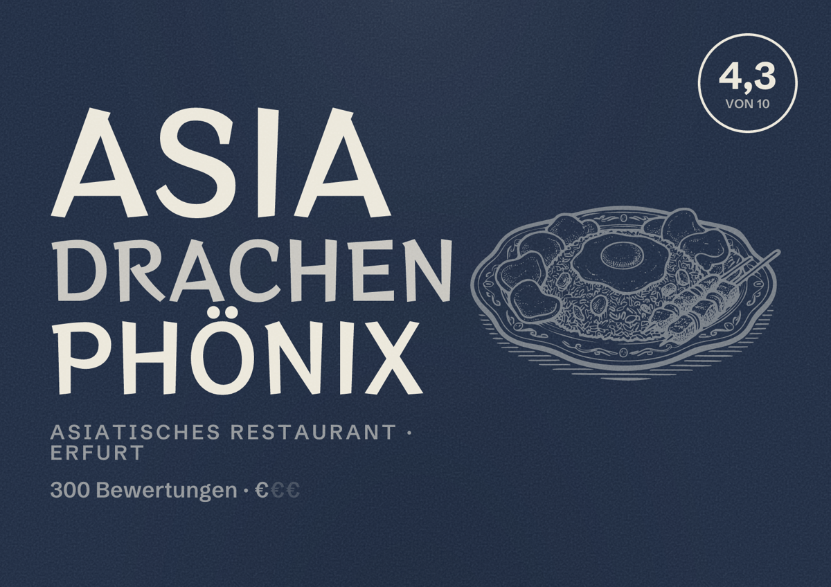 Illustriertes Poster von Asia Drachen Phönix, Asiatisches Restaurant in Erfurt: Bewertung 4,3 von 10 aus 300 Bewertungen, Preisniveau €