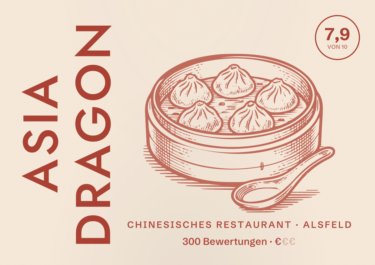 Illustriertes Poster von Asia Dragon, Chinesisches Restaurant in Alsfeld: Bewertung 7,9 von 10 aus 300 Bewertungen, Preisniveau €