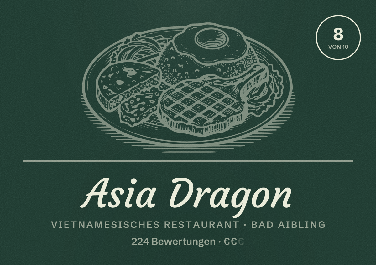 Illustriertes Poster von Asia Dragon, Vietnamesisches Restaurant in Bad Aibling: Bewertung 8 von 10 aus 224 Bewertungen, Preisniveau €€