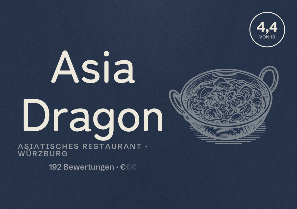 Illustriertes Poster von Asia Dragon, Asiatisches Restaurant in Würzburg: Bewertung 4,4 von 10 aus 192 Bewertungen, Preisniveau €