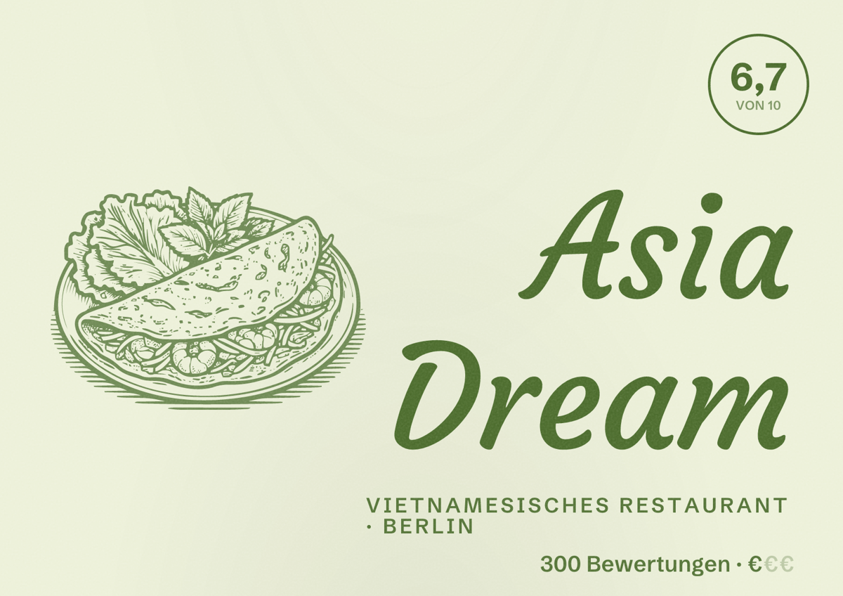 Illustriertes Poster von Asia Dream, Vietnamesisches Restaurant in Berlin: Bewertung 6,7 von 10 aus 300 Bewertungen, Preisniveau €