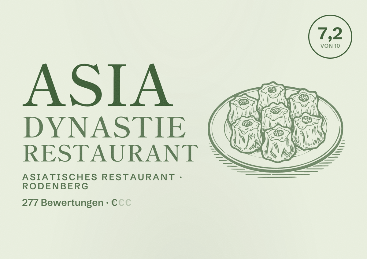 Illustriertes Poster von Asia Dynastie Restaurant, Asiatisches Restaurant in Rodenberg: Bewertung 7,2 von 10 aus 277 Bewertungen, Preisniveau €