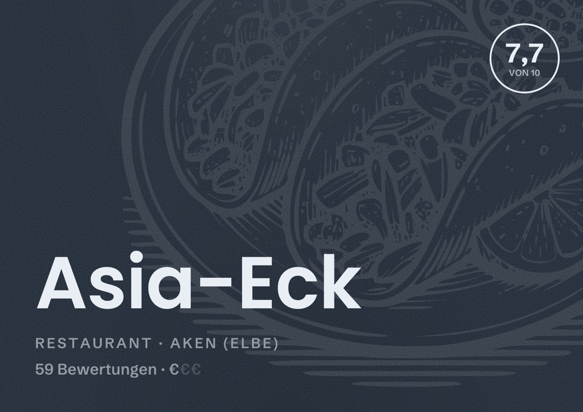 Illustriertes Poster von Asia-Eck, Restaurant in Aken (Elbe): Bewertung 7,7 von 10 aus 59 Bewertungen, Preisniveau €