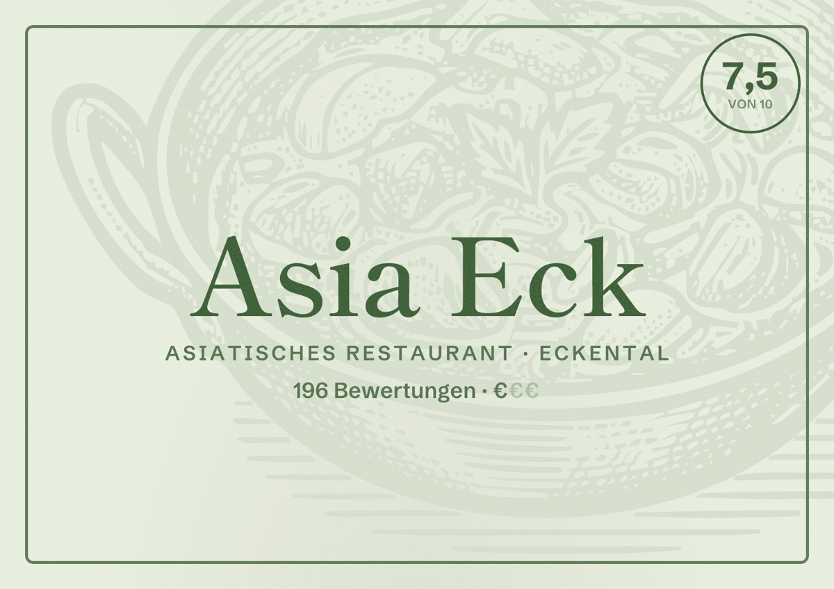 Illustriertes Poster von Asia Eck, Asiatisches Restaurant in Eckental: Bewertung 7,5 von 10 aus 196 Bewertungen, Preisniveau €