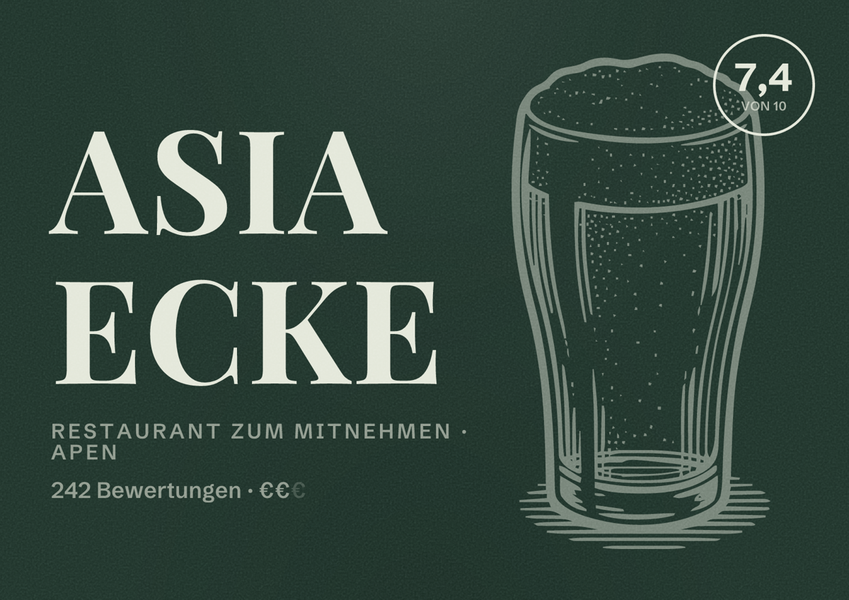 Illustriertes Poster von Asia Ecke, Restaurant zum Mitnehmen in Apen: Bewertung 7,4 von 10 aus 242 Bewertungen, Preisniveau €€